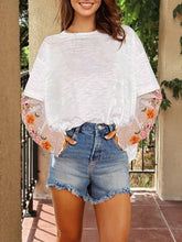 Load image into Gallery viewer, Floral Embroidered Mesh Patchwork Sleeve Crewneck Top: Black / M