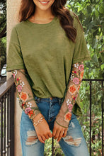 Load image into Gallery viewer, Floral Embroidered Mesh Patchwork Sleeve Crewneck Top: Black / L