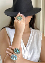Load image into Gallery viewer, Handmade Sterling Silver Golden Hills, Number 8, Sonoran Mountain Turquoise Adjustable Ring with Signed Nizhoni: Number 8 Turquoise
