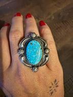 Silver Scroll Work Turquoise Ring, Size 8