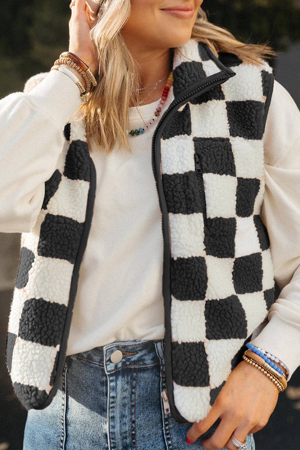 Checker Sherpa Zipped Jacket Vest: Black