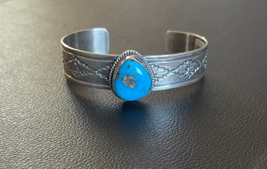 Wide Stamped Silver and Turquoise Cuff